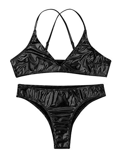 MSemis Bikini Push Up para Mujer Conjunto de Lencería Color Metálico Bikinis Brasileños Sexy Babydoll Traje de Baño Wetlook Traje Pole Dance Clubwear Negro X-Large