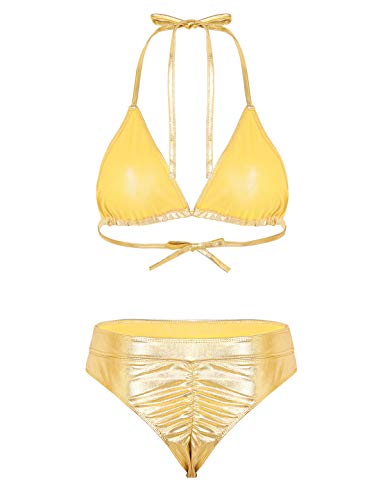 MSemis Conjunto de Lencería Bikini Push Up para Mujer Bikinis Brillante Cuello Hálter Vendaje Sexy Babydoll Traje de Baño 2Pcs Traje Pole Dance Nightwear Dorado Small