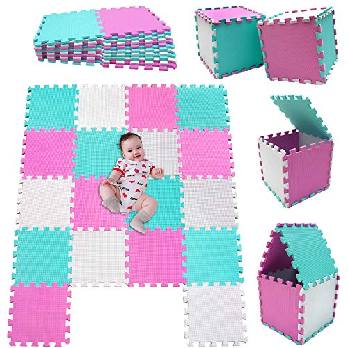 MSHEN18 Piezas Alfombra Puzzle Bebe con Certificado CE y certificación EVA | Puzzle Suelo Bebe | Puede ser Lavado Goma eva,Tamaño 1.62 Cuadrado,blanco-rosa-verde-010308g18