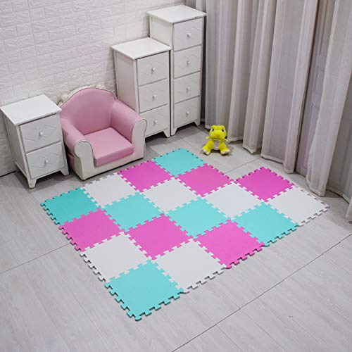 MSHEN18 Piezas Alfombra Puzzle Bebe con Certificado CE y certificación EVA | Puzzle Suelo Bebe | Puede ser Lavado Goma eva,Tamaño 1.62 Cuadrado,blanco-rosa-verde-010308g18