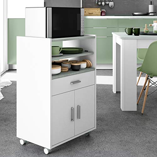 Mueble Auxiliar para Microondas, Mesa Cocina con un Cajón y dos Puertas, Color Blanco y Cemento, Medidas: 92 cm (Alto) x 59 cm (Ancho) x 40 cm (Fondo)