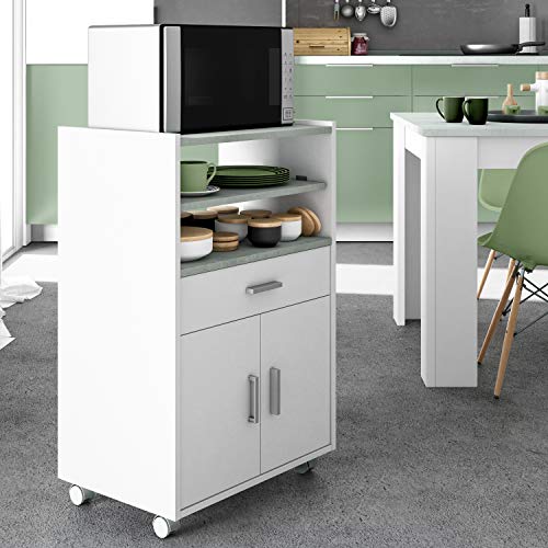 Mueble Auxiliar para Microondas, Mesa Cocina con un Cajón y dos Puertas, Color Blanco y Cemento, Medidas: 92 cm (Alto) x 59 cm (Ancho) x 40 cm (Fondo) Mueble Auxiliar para Microondas, Mesa Cocina con un Cajón y dos Puertas, Color Blanco y Cemento, Medidas: 92 cm (Alto) x 59 cm (Ancho) x 40 cm (Fondo)