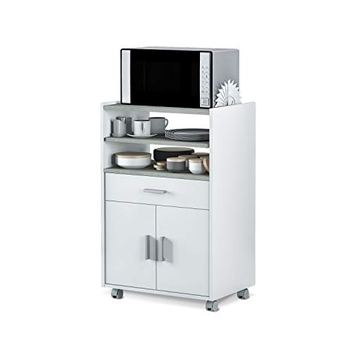 Mueble Auxiliar para Microondas, Mesa Cocina con un Cajón y dos Puertas, Color Blanco y Cemento, Medidas: 92 cm (Alto) x 59 cm (Ancho) x 40 cm (Fondo) Mueble Auxiliar para Microondas, Mesa Cocina con un Cajón y dos Puertas, Color Blanco y Cemento, Medidas: 92 cm (Alto) x 59 cm (Ancho) x 40 cm (Fondo)
