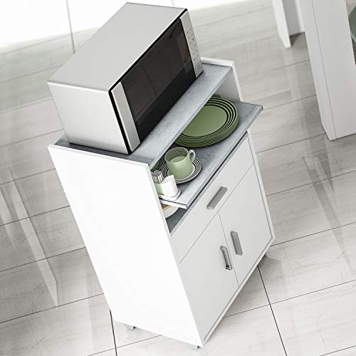 Mueble Auxiliar para Microondas, Mesa Cocina con un Cajón y dos Puertas, Color Blanco y Cemento, Medidas: 92 cm (Alto) x 59 cm (Ancho) x 40 cm (Fondo) Mueble Auxiliar para Microondas, Mesa Cocina con un Cajón y dos Puertas, Color Blanco y Cemento, Medidas: 92 cm (Alto) x 59 cm (Ancho) x 40 cm (Fondo)
