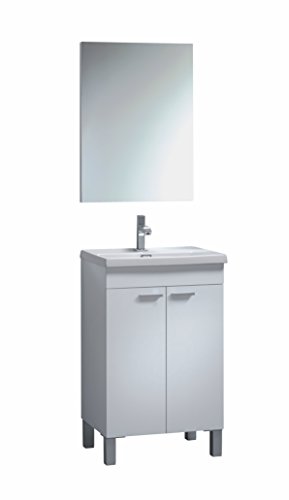 Mueble de baño aseo pequeño con espejo incluido, 2 puertas color blanco brillo 50x80x40cm. NO INCLUYE LAVAMANOS.