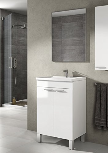Mueble de baño aseo pequeño con espejo incluido, 2 puertas color blanco brillo 50x80x40cm. NO INCLUYE LAVAMANOS.