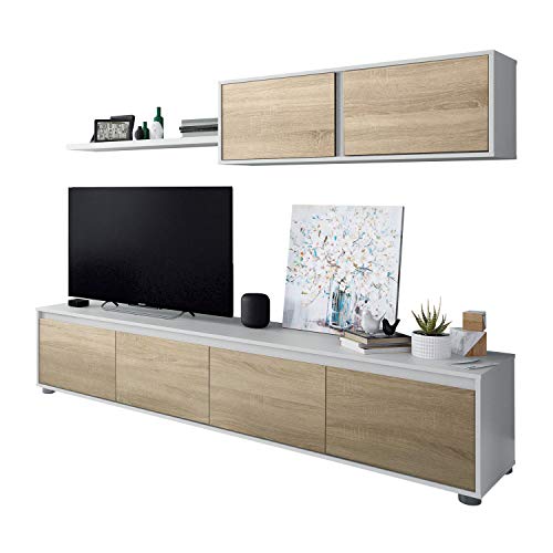 Mueble de Salon Moderno, Modulos Comedor, Modelo Alida, Acabado en Blanco Artik y Roble Canadian, Medidas: 200 cm (Ancho) x 43 cm (Alto) x 41 cm (Fondo)