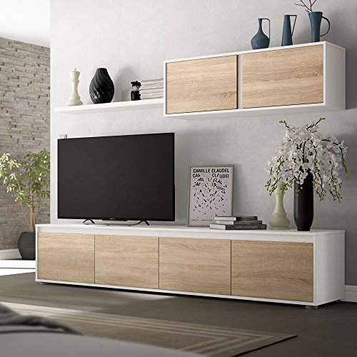 Mueble de Salon Moderno, Modulos Comedor, Modelo Alida, Acabado en Blanco Artik y Roble Canadian, Medidas: 200 cm (Ancho) x 43 cm (Alto) x 41 cm (Fondo)