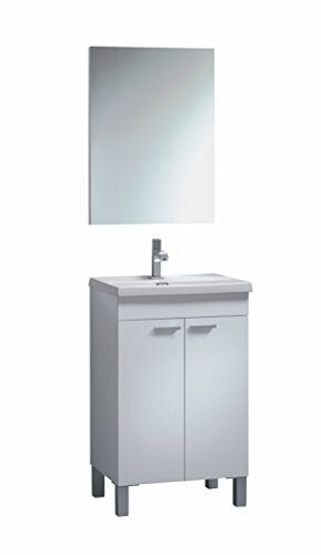 Mueble lavabo de baño-aseo pequeño con espejo incluido y lavamanos cerámico, 2 puertas color blanco brillo 50 ancho x 80 alto x 40 profundidad
