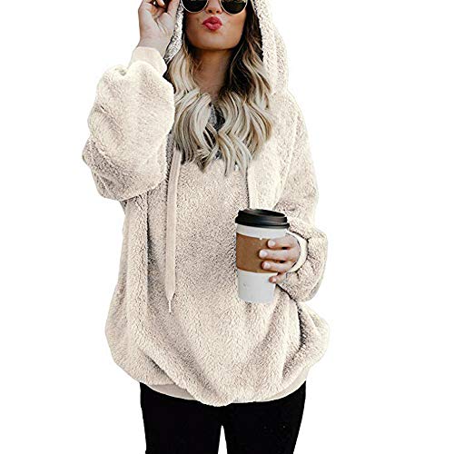 Mujer Caliente y Esponjoso Tops Chaqueta Suéter Abrigo Jersey Mujer Otoño-Invierno Talla Grande Hoodie Sudadera con Capucha riou (White, XL)