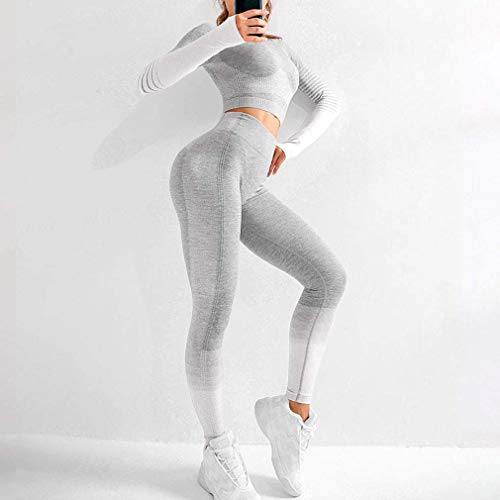 Mujer Chándal Yoga Conjunto de Ropa Deportiva, 2 Piezas Traje Mujer Ropa Deportiva Camisetas Manga Larga y Alta Cintura Leggings Pantalones Gimnasio Yoga Pilates Fitness Jogging Chándales