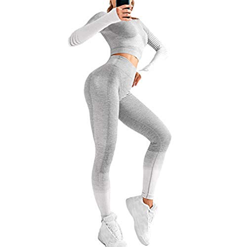 Mujer Chándal Yoga Conjunto de Ropa Deportiva, 2 Piezas Traje Mujer Ropa Deportiva Camisetas Manga Larga y Alta Cintura Leggings Pantalones Gimnasio Yoga Pilates Fitness Jogging Chándales