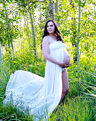 Mujer Embarazada Gasa Larga Vestido de maternidad Split Vista delantera foto Shoot Dress Faldas fotográficas de maternidad (Blanco)
