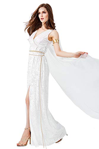Mujer Halloween Vestido de Diosa Griega Disfraz de Atenea Cuello V Sin Mangas Romano Toga Olimpica Conjunto Completo, S