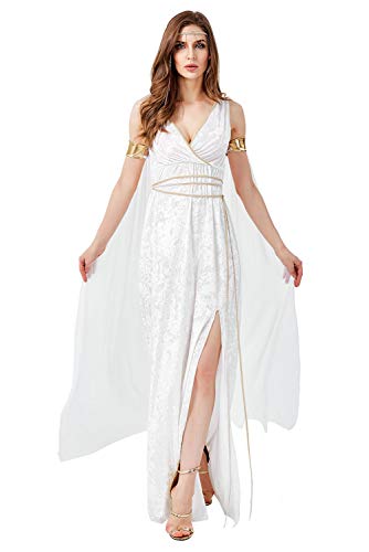 Mujer Halloween Vestido de Diosa Griega Disfraz de Atenea Cuello V Sin Mangas Romano Toga Olimpica Conjunto Completo, S