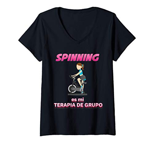 Mujer SPINNING es mi TERAPIA DE GRUPO bicicleta música humor fun Camiseta Cuello V