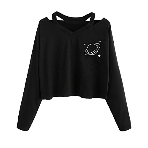 Mujer Sudaderas Cortas Adolescentes Chicas Manga Larga Sudadera con Cuello en V Casual Tops Blusas Camiseta (Planeta, Small)