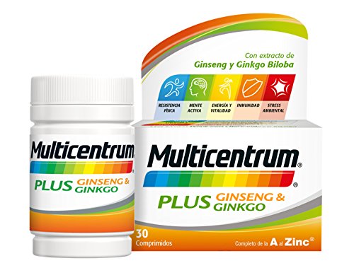 Multicentrum Plus, Complemento Alimenticio con 13 Vitaminas, 8 Minerales, Ginseng y Ginkgo Biloba, para Adultos a partir de 18 años - 30 Comprimidos