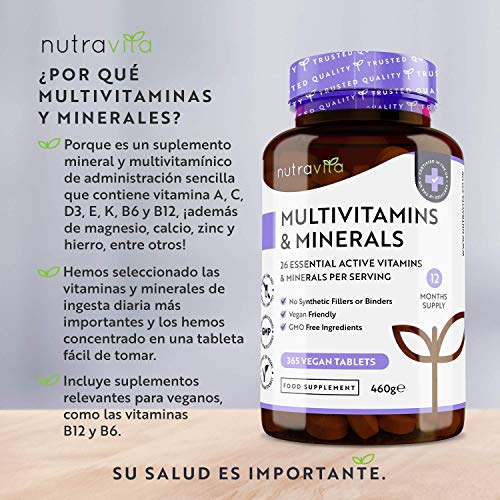 Multivitaminas y Minerales - 365 Comprimidos Multivitamínicos Veganos (Suministro para 1 año) con 26 Vitaminas y Minerales Activos Esenciales - Elaborados en el Reino Unido por Nutravita