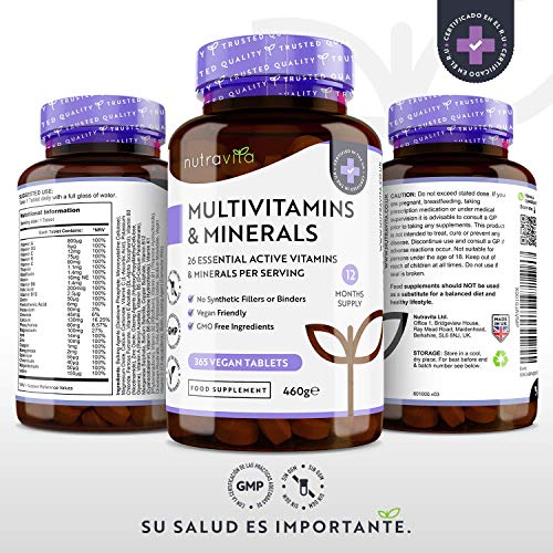 Multivitaminas y Minerales - 365 Comprimidos Multivitamínicos Veganos (Suministro para 1 año) con 26 Vitaminas y Minerales Activos Esenciales - Elaborados en el Reino Unido por Nutravita Multivitaminas y Minerales - 365 Comprimidos Multivitamínicos Veganos (Suministro para 1 año) con 26 Vitaminas y Minerales Activos Esenciales - Elaborados en el Reino Unido por Nutravita