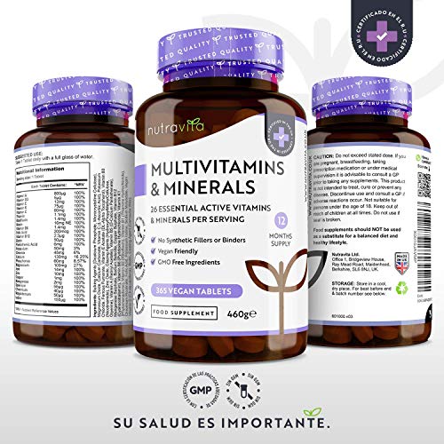 Multivitaminas y Minerales - 365 Comprimidos Multivitamínicos Veganos (Suministro para 1 año) con 26 Vitaminas y Minerales Activos Esenciales - Elaborados en el Reino Unido por Nutravita