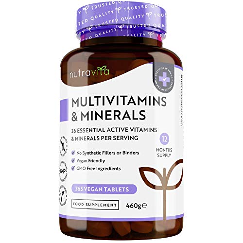 Multivitaminas y Minerales - 365 Comprimidos Multivitamínicos Veganos (Suministro para 1 año) con 26 Vitaminas y Minerales Activos Esenciales - Elaborados en el Reino Unido por Nutravita