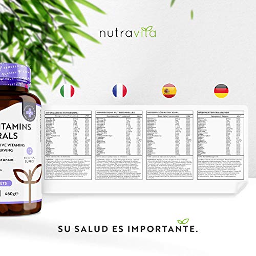 Multivitaminas y Minerales - 365 Comprimidos Multivitamínicos Veganos (Suministro para 1 año) con 26 Vitaminas y Minerales Activos Esenciales - Elaborados en el Reino Unido por Nutravita