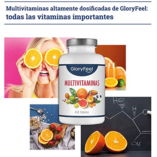 Multivitaminas y Minerales - 450 Comprimidos Veganos (Suministro para 1+ año) - Todas las Vitaminas A,B,C,D3,E, Calcio, Zinc, Selenio – Multivitamínicos Activos Esenciales para Hombres y Mujeres