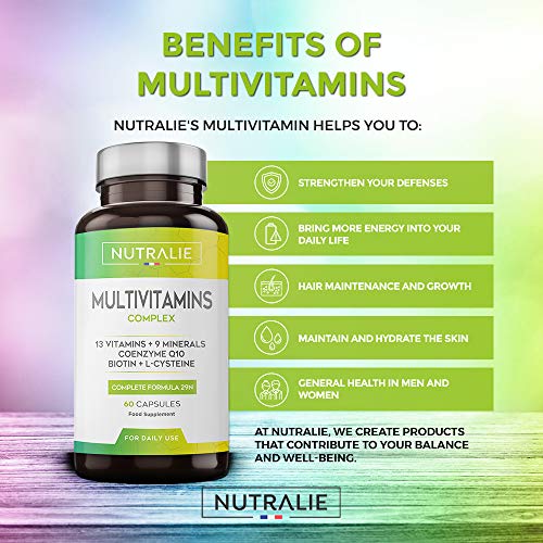 Multivitaminas y Minerales + Coenzima Q10 | Complejo Multivitaminico Vegano 29 Nutrientes con Vitaminas A, B, C, D, E, K, Biotina, L-cisteína, Coenzima Q10 y 9 Minerales | 60 Cápsulas Veganas Nutralie