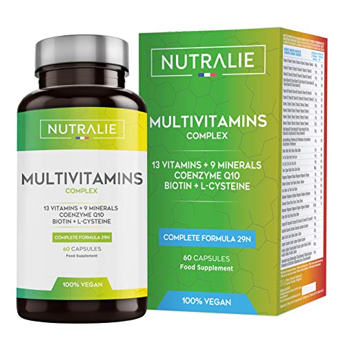 Multivitaminas y Minerales + Coenzima Q10 | Complejo Multivitaminico Vegano 29 Nutrientes con Vitaminas A, B, C, D, E, K, Biotina, L-cisteína, Coenzima Q10 y 9 Minerales | 60 Cápsulas Veganas Nutralie Multivitaminas y Minerales + Coenzima Q10 | Complejo Multivitaminico Vegano 29 Nutrientes con Vitaminas A, B, C, D, E, K, Biotina, L-cisteína, Coenzima Q10 y 9 Minerales | 60 Cápsulas Veganas Nutralie