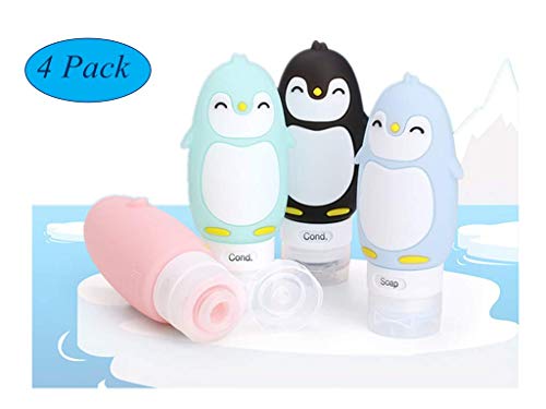 MUUZONING Pingüino Lindo Botellas de Viaje de Silicona, 100% BPA Gratis Recipientes rellenables portátiles a Prueba de Fugas para, Acondicionador,Loción, artículos de tocador(4 * 90ml)