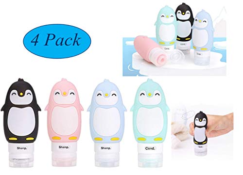 MUUZONING Pingüino Lindo Botellas de Viaje de Silicona, 100% BPA Gratis Recipientes rellenables portátiles a Prueba de Fugas para, Acondicionador,Loción, artículos de tocador(4 * 90ml)