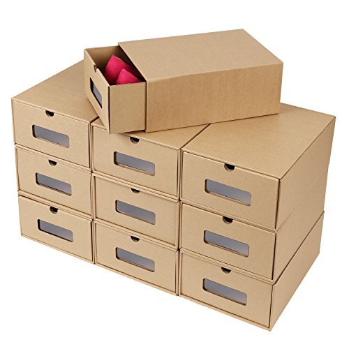 MVPower 10 Cajas de Papel Kraft para Zapatos Apilable, Zapatero Cajón Plegable, Caja de Almacenamiento, Ahorro de Espacio, Tamaño Grande (33,5 x 23 x 13 cm)