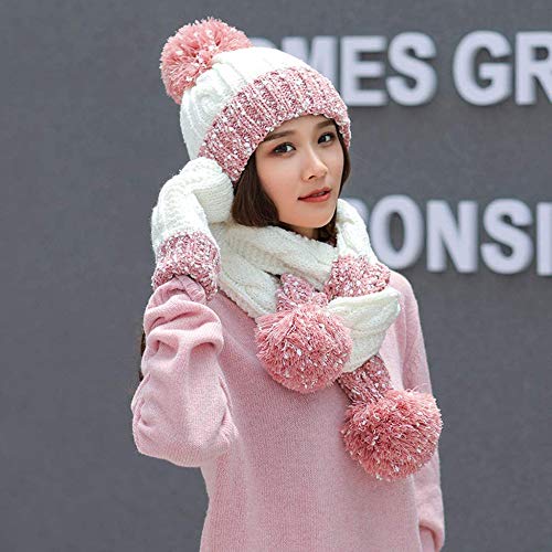 MYYINGELE 3pcs Punto Cable Gorro Conjunto de Guantes de Bufanda de Sombrero, Gorra con Puños Cálidos Pompón de Color Contraste de Crochet de Copo de Nieve Grueso de Invierno para Mujer, 55-60cm, Pink