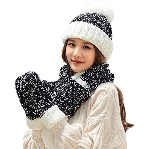 MYYINGELE 3pcs Punto Cable Gorro Conjunto de Guantes de Bufanda de Sombrero, Gorra con Puños Cálidos Pompón de Color Contraste de Crochet de Copo de Nieve Grueso de Invierno para Mujer, 55-60cm, Pink