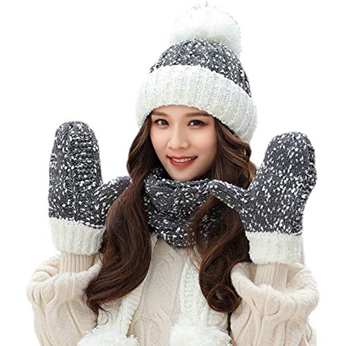 MYYINGELE 3pcs Punto Cable Gorro Conjunto de Guantes de Bufanda de Sombrero, Gorra con Puños Cálidos Pompón de Color Contraste de Crochet de Copo de Nieve Grueso de Invierno para Mujer, 55-60cm, Pink