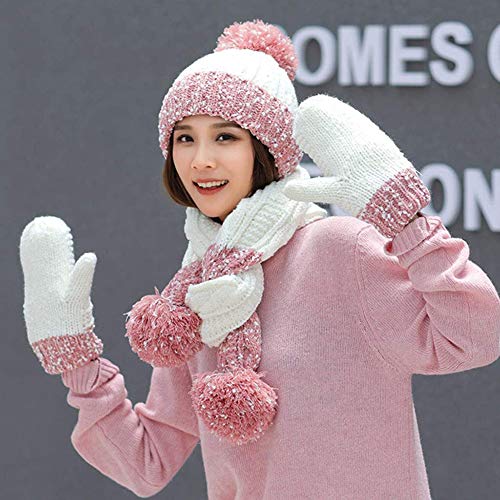 MYYINGELE 3pcs Punto Cable Gorro Conjunto de Guantes de Bufanda de Sombrero, Gorra con Puños Cálidos Pompón de Color Contraste de Crochet de Copo de Nieve Grueso de Invierno para Mujer, 55-60cm, Pink