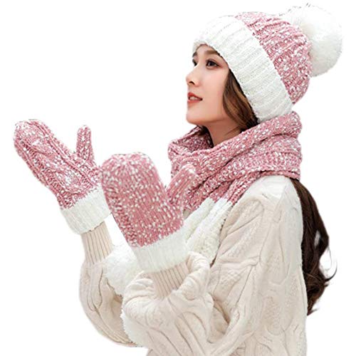 MYYINGELE 3pcs Punto Cable Gorro Conjunto de Guantes de Bufanda de Sombrero, Gorra con Puños Cálidos Pompón de Color Contraste de Crochet de Copo de Nieve Grueso de Invierno para Mujer, 55-60cm, Pink