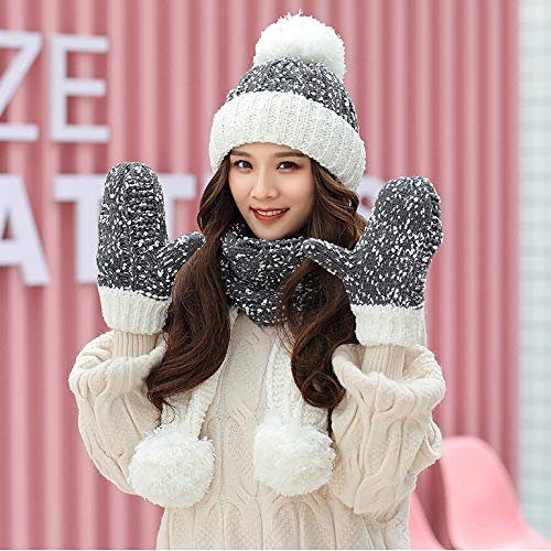 MYYINGELE Gorro de Invierno, Conjunto de Bufanda y Guantes 3 Piezas Holgado de Punto de Nieve Color de Contraste Pompón Gorro Cálido con Puños para Mujer, 55-60cm, Gray