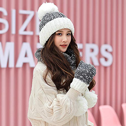 MYYINGELE Gorro de Invierno, Conjunto de Bufanda y Guantes 3 Piezas Holgado de Punto de Nieve Color de Contraste Pompón Gorro Cálido con Puños para Mujer, 55-60cm, Gray