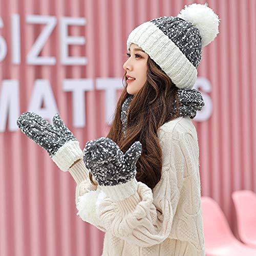 MYYINGELE Gorro de Invierno, Conjunto de Bufanda y Guantes 3 Piezas Holgado de Punto de Nieve Color de Contraste Pompón Gorro Cálido con Puños para Mujer, 55-60cm, Gray