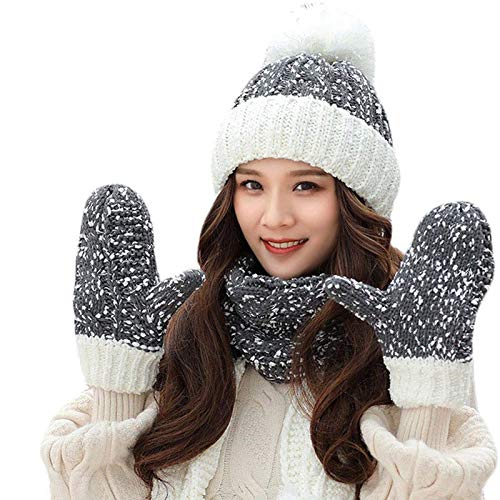 MYYINGELE Gorro de Invierno, Conjunto de Bufanda y Guantes 3 Piezas Holgado de Punto de Nieve Color de Contraste Pompón Gorro Cálido con Puños para Mujer, 55-60cm, Gray