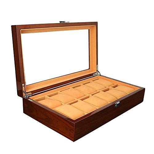 N/ A Watch Box Organizer, Watch Box 12 Slots Relojes Almacenamiento de Joyas Material de Madera Vitrina Organizador Top de Cristal Flip Cover Hombres con Almohadas Portátil