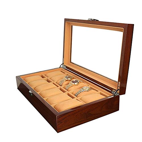 N/ A Watch Box Organizer, Watch Box 12 Slots Relojes Almacenamiento de Joyas Material de Madera Vitrina Organizador Top de Cristal Flip Cover Hombres con Almohadas Portátil