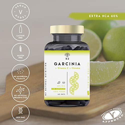 N2 Natural Nutrition Garcinia Cambogia Vitamina C-Cromo. Quemagrasas Natural Termogénico Inhibidor del apetito Adelgazante Metaboliza grasas-1150mg HCA 60% Certificado Vegano CE 120 Capsulas Vegetales N2 Natural Nutrition Garcinia Cambogia Vitamina C-Cromo. Quemagrasas Natural Termogénico Inhibidor del apetito Adelgazante Metaboliza grasas-1150mg HCA 60% Certificado Vegano CE 120 Capsulas Vegetales
