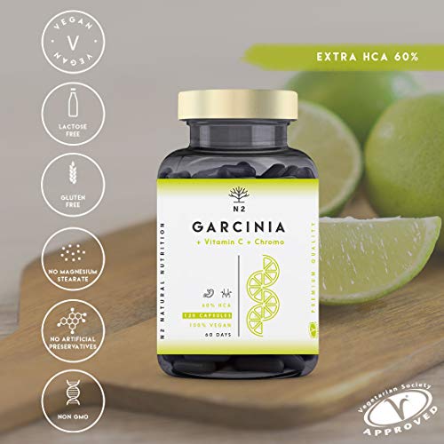 N2 Natural Nutrition Garcinia Cambogia Vitamina C-Cromo. Quemagrasas Natural Termogénico Inhibidor del apetito Adelgazante Metaboliza grasas-1150mg HCA 60% Certificado Vegano CE 120 Capsulas Vegetales