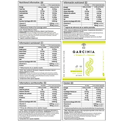 N2 Natural Nutrition Garcinia Cambogia Vitamina C-Cromo. Quemagrasas Natural Termogénico Inhibidor del apetito Adelgazante Metaboliza grasas-1150mg HCA 60% Certificado Vegano CE 120 Capsulas Vegetales N2 Natural Nutrition Garcinia Cambogia Vitamina C-Cromo. Quemagrasas Natural Termogénico Inhibidor del apetito Adelgazante Metaboliza grasas-1150mg HCA 60% Certificado Vegano CE 120 Capsulas Vegetales