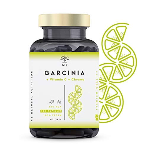 N2 Natural Nutrition Garcinia Cambogia Vitamina C-Cromo. Quemagrasas Natural Termogénico Inhibidor del apetito Adelgazante Metaboliza grasas-1150mg HCA 60% Certificado Vegano CE 120 Capsulas Vegetales