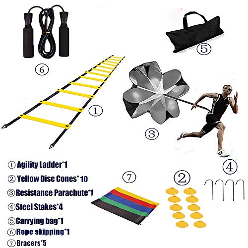 N\A Kit De Entrenamiento Speed Agility, Juego Deportivo De 23 Piezas, Escalera De Agilidad, Paracaídas De Resistencia, Banda De Tensión, Conos De Disco, Estacas De Acero, Saltar La Cuerda