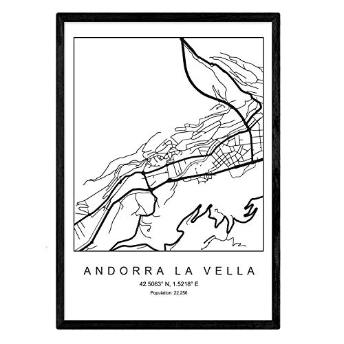 Nacnic Lámina Mapa de la Ciudad Andorra la Vella Estilo nordico en Blanco y Negro. Poster tamaño A3 Sin Marco Impreso Papel 250 gr. Cuadros, láminas y Posters para Salon y Dormitorio